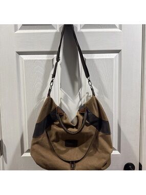 Canvas Hobo Shoulder Bag - Brown